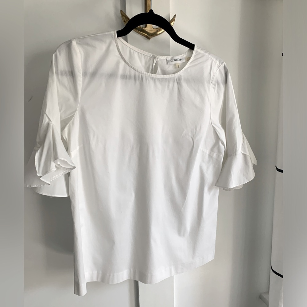 Calvin Klein Women's White Ruffle Short Sleeve Cotton Blend Pull Over Top S